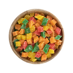 Wall Mural - diced candied fruits in wooden bowl isolated on white, peel of oranges, papayas and succade used as filling in confectionery, baking or as additive in muesli for breakfast