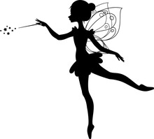 Winged Fairy Silhouette. Illustration Of A Ballet Dancing Fairy In The Cartoon Style.