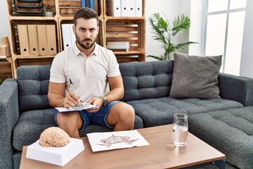 Canvas Print - Handsome hispanic man working with rorschach test at psychology clinic skeptic and nervous, frowning upset because of problem. negative person.