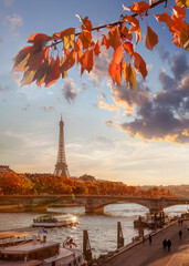 Fototapete - Eiffel Tower with autumn leaves against colorful sunset in Paris, France