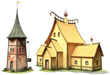 Two Fantasy Buildings 3D Illustration	
