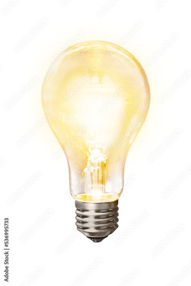 Glowing yellow light bulb on white Stock Photo | Adobe Stock