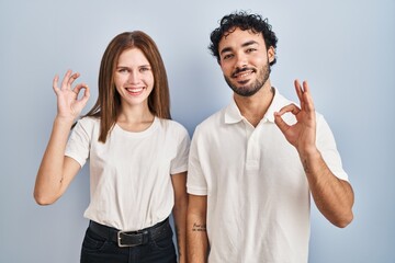 Sticker - Young couple wearing casual clothes standing together smiling positive doing ok sign with hand and fingers. successful expression.