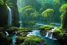 Illustration Of Beautiful Fantasy River Landscape With Waterfalls