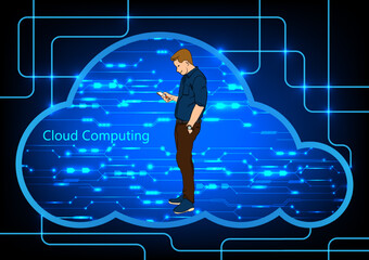 Wall Mural - Graphics design Hitech Technology Cloud computing concept. Businessman holding smartphone connection online anywhere vector illustration