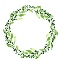  Botanical wreath of green branches and leaves. Watercolor Floral Design element for wedding invitations, greeting cards