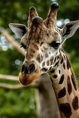 Sticker - Vertical closeup of a cute giraffe on the background of trees