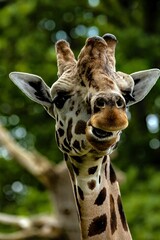 Sticker - Vertical closeup of a cute giraffe chewing on the background of trees