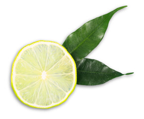 Wall Mural - Fresh lemon with green leaves isolated on white background