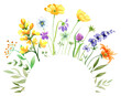 Watercolor arch of flowers and leaves, isolated on transparent background