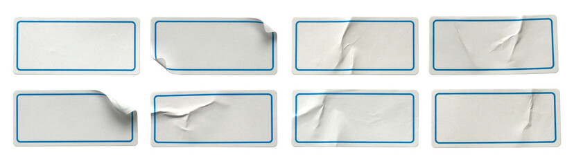 a set of white rectangular paper sticker label isolated on white background.