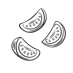 Sticker - Outline falling or flying tomato slices vector illustration.