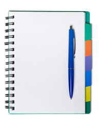 Wall Mural - open blank notebook and pen on a white background