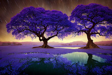 Fantasy Giant Purple Trees With Dramatic Sky View, Digital Art Painting. 3D Illustration