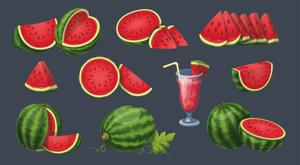 Wall Mural - Watermelon set vector illustration. Cartoon isolated ripe whole watermelon and cut in half, healthy sweet red juice in glass, slices and parts of organic natural dessert, wedges of different shape