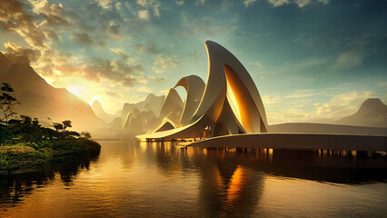 science fiction architecture, futuristic building, sunset over the river, modern organic architectur
