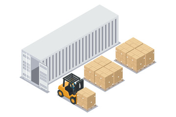 Wall Mural - Isometric forklift unloading stacked boxes on pallet from container  at unloading dock. Safety in handling a fork lift truck. Industrial logistics of storage and distribution of products