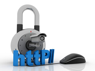 Poster - 3d illustration http sign connected mouse with cctv camera protection lock