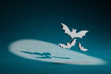 Poster - Beautiful abstract illustrations Halloween bats symbol icon on a dark blue background. 3d rendering illustration. Background pattern for design.