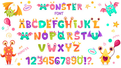 monster alphabet. set of cute and kawaii letters, numbers and characters for baby invitation design,