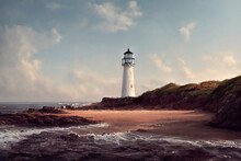 Digital Landscape Art Of A Lighthouse On A Rocky Coastal Beach