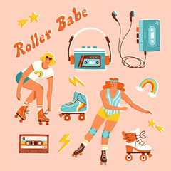 Vector illustration of retro roller skaters, roller skates, cassette tape and portable music players. Two girls and nostalgia objects. 80s or 90s style active hobby concept. 