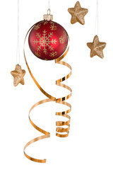 Sticker - Red Christmas Bauble with Ribbon and Gold Stars Hanging on a Strings - Isolated