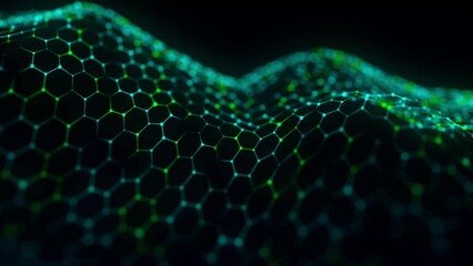 Poster - Technology background. Abstract wave of hexagons. Big data visualization. Futuristic visualization of a sound wave. 4k animation. 3d rendering.