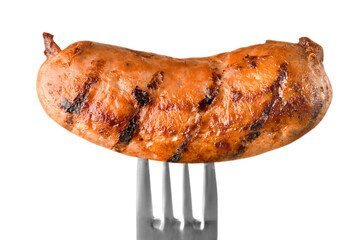 Wall Mural - Freshly cooked sausage on fork isolated on white background