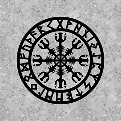 Helm of Awe, Aegishjalmur, viking protection symbol, Norse mythology, Futhark runes circle, stone background