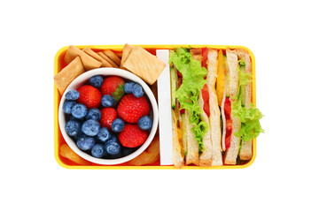 Wall Mural - Lunch box of tasty healthy food isolated on white, top view. School dinner