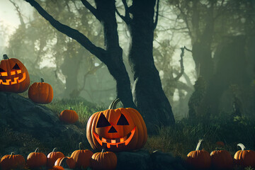 Wall Mural - 3D rendering of many halloween pumpkin background