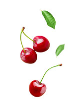 Sour Cherry Berries Isolated On White Or Transparent Background. Falling Cherry Fruits With Green Stem And Leaf.