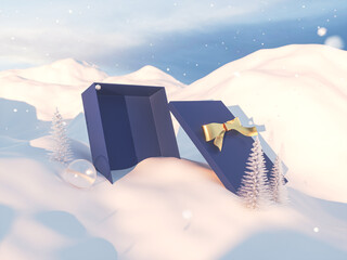 Poster - Abstract winter Christmas background with empty present box. 3d rendering.