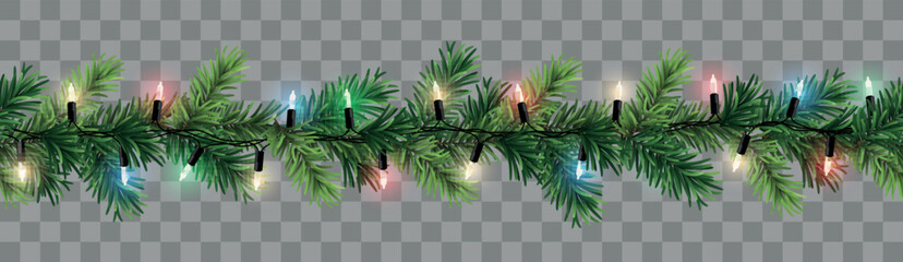 Wall Mural - vector seamless decorative christmas garland with coniferous branches and glowing colorful light cha