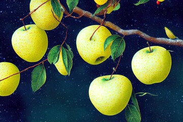 Canvas Print - Small yellow apples on branches tree with snow. Winter or late autumn scene, beautiful nature with wild frozen berries on blurred dark background. Winer season apple trees close up and snowing