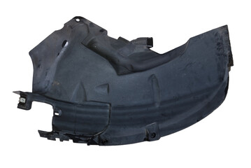 Black plastic liner on a white isolated background in a photo studio for sale or replacement in a car service. Mudguard on auto-parsing for repair or a device to protect the body from dirt.