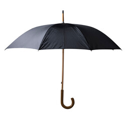 black umbrella with wood handle on transparent background