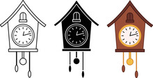 Cuckoo Clock Front Clipart Set - Outline, Silhouette & Color