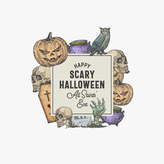 Wall Mural - vintage style halloween square frame label template. hand drawn sculls, evil pumpkins, owl, tomb and