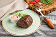 Steak, beef steak, grilled beef on a wooden white background