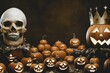 Halloween background with Jack O Lantern pumpkin with a crown on its head and human skull ,surrounded by pumpkins. Illustration concept 3D