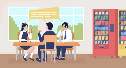 Poster - Students in uniforms on break flat color raster illustration. School cafeteria space. Lunch time. Pupils eating snacks from vending machine 2D cartoon characters with window on background