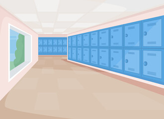 Poster - Empty school passageway flat color raster illustration. Educational space, high school lobby. College hallway with no people 2D cartoon interior with private lockers row on background