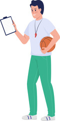 Poster - School coach semi flat color raster character. Standing figure. Full body person on white. Trainer holds clipboard and ball isolated modern cartoon style illustration for graphic design and animation