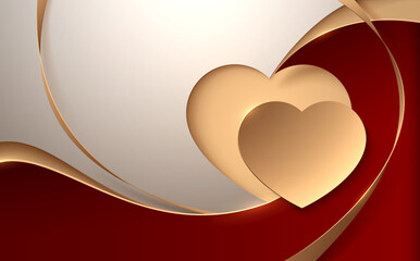 Wall Mural - Golden heart on red and white background with ribbons