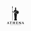 silhouette of athena minerva with shield and spear logo design