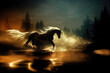 AI generated image of a handsome horse in silhouette galloping through a river, splashing water 