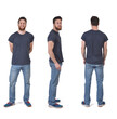 © curto - front, back and side view of same man standing on white background