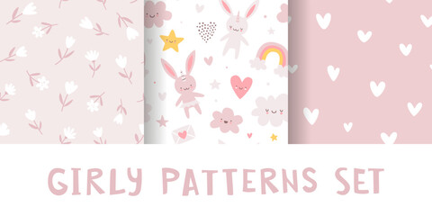 Wall Mural - girly pattern collection. cute scandinavian seamless pink vector prints set. romantic baby patterns.